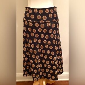 LuLaRoe Azure Black Yellow Sunflower Print High Waist Flowy Stretch Midi Skirt L